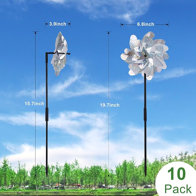 10 Pack Pre-Assembled Pinwheels for Yard and Garden, Silver | Wind Spinner Measures 19.7'' H x 6.8'' W, Reflective Surface Sparkles In Sunlight, Connect Stakes For Yard, Garden Or Lawn