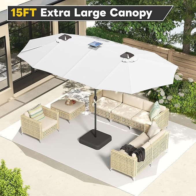 AECOJOY 15ft Double-Sided Patio Umbrella with Solar Lights, Outdoor Rectangle Market Large Patio Umbrella with Base Include|Crank Handle|156 PCS LED Lights for Garden Deck Pool in Beige(1.9" Pole)