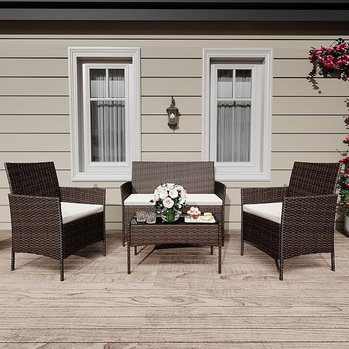 4 Pieces Patio Furniture Sets, Outdoor Wicker Conversation Sets with Soft Cushion and Glass Table, All Weather Manual Rattan Chairs for Garden, Terrace, Porch, Lawn, Poolside, Brown and Beige