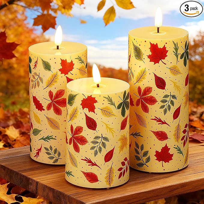 Tuanse 3 Pcs Thanksgiving Fall Flameless Candles Maple Leaf LED Candle Lights Battery Operated Candles Mixed Size Flickering LED Light for Fall Thanksgiving Halloween Harvest(Colorful Maple Leaves)