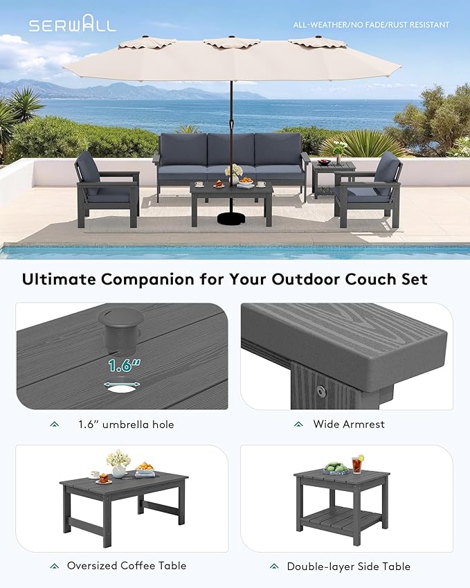 SERWALL HDPE Outdoor Couch with Coffee Table & Side Table & 15FT Umbrella
