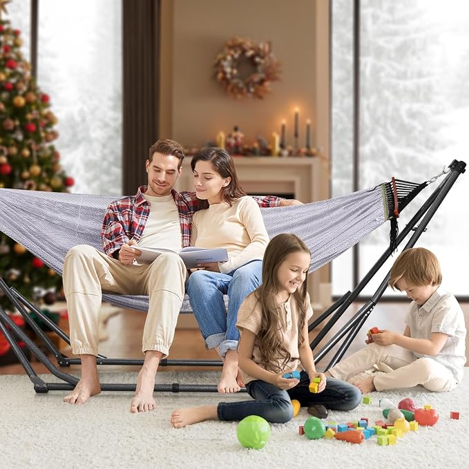 Goutime Collapsible Hammock Stand with Carry Bag, 550lbs, Portable, Grey | 3 level adjustable up to 10ft, double layer hammock net, fits indoor, yard, camping, and outdoor use