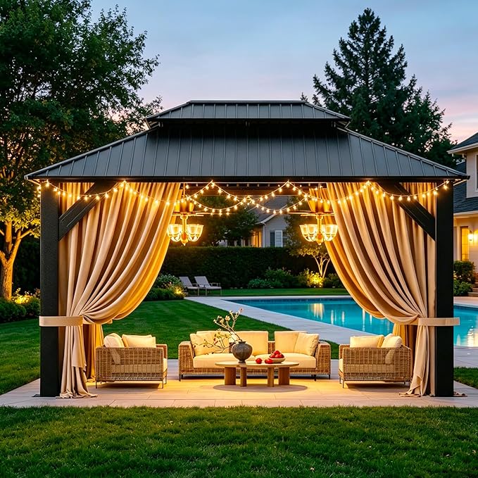 12’x16’ Hardtop Gazebo, Galvanized Steel Double Roof Canopy with Aluminum Frame, Outdoor Pavilion with Nettings and Curtains