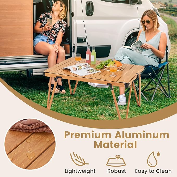 COSTWAY Folding Low Picnic Table, Portable Camping Table with Storage Bag, Lightweight Aluminum Foldable Roll-Up Table 3FT, Outdoor Camp Table for Party, Tailgating, Beach & Backyard (Brown)