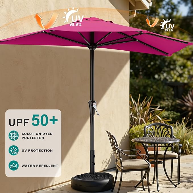 AreShark 9FT Half Patio Umbrella, Outdoor Wall Umbrella with Crank & 5 Sturdy Ribs, Table 1/2 Umbrella Patio for Garden, Deck, Balcony and Pool, Rose Pink
