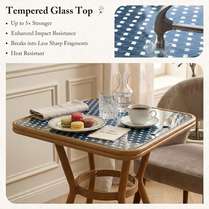 PURPLE LEAF 5-Piece French Bistro Dining Set Square Outdoor Patio Table and 4 Armless Chairs Tempered Glass Top PE Rattan Champagne Print Finish Aluminum Frame Navy Blue