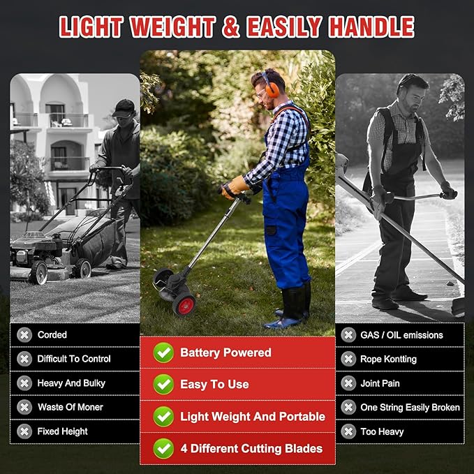 ALSO GO 24V Electric Weed Wacker, Cordless Grass Trimmer, 3 in 1 Weed Trimmer with 2 * 2000mah Batteries & Charger, Battery Powered Weed Eater/Brush Cutter/Edger with Wheels for Garden, Yard Lawn