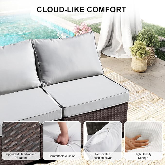 CANMOV 7 Pieces Patio Furniture Sets, All Weather Outdoor Patio Conversation Set, PE Wicker Rattan Sectional Sofa Couch Glass Coffee Table Washable Cushions for Backyard Garden, Poolside, Light Grey