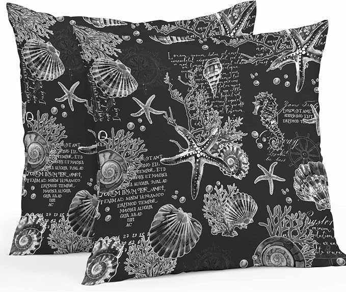 Black Coastal Waterproof Outdoor Pillow Covers Set of 2 Home Decor, Nautical Ocean Starfish Seashells Coral Pillowcase Patio Pillow Covers for Couch Bench Furniture Garden 16x16in