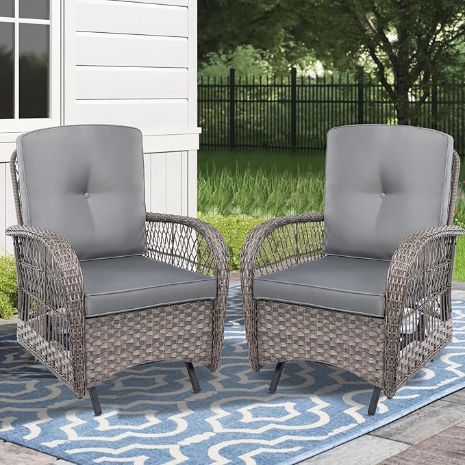 MEETWARM Patio Wicker Rocking Glider Set, All-Weather Outdoor Rattan Patio Rocking Chairs of 2, Patio Conversation Set with Thickened Cushions for Porch Garden & Backyard, Gray
