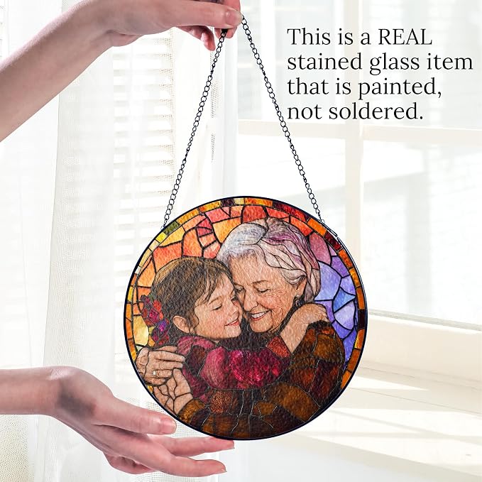 Custom Photo Stained Glass Window Hanging Suncatcher, Personalized Portrait Photo Style Family Picture Gift for Grandpa/Grandfather/Dad/Father, Custom Father's Day Birthday Decor