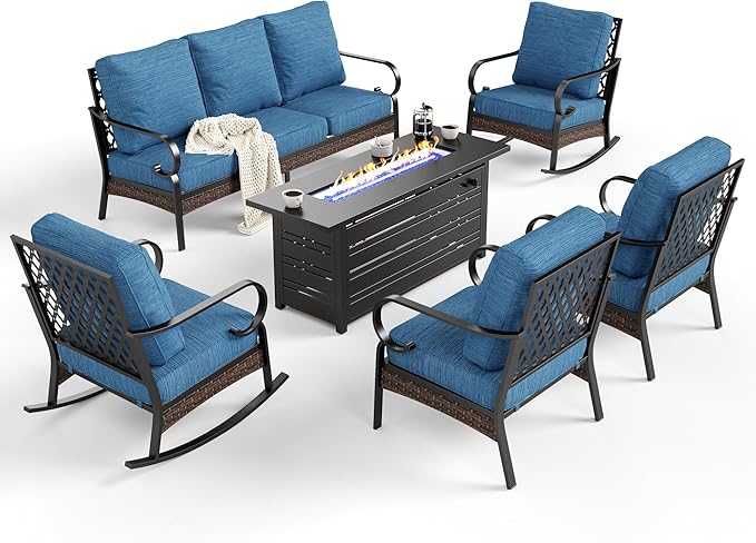 6 Piece Black Metal Outdoor Patio Furniture Sets with Firepit Table, Patio Conversation Set 1 3-Seater Sofa, 2 Leg Sofa and 2 Rocking Chair with 5.75" Cushion for Backyard Deck, Blue-2