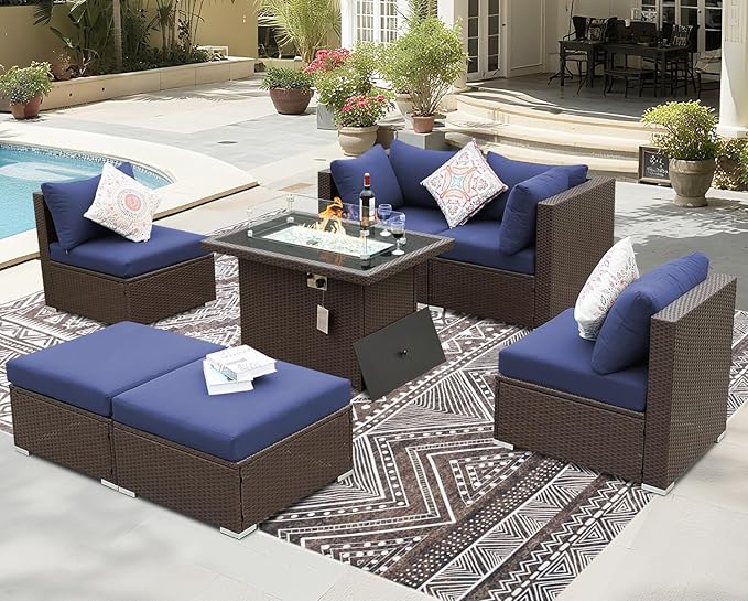 BULEXYARD 7 Pcs High Back Patio Furniture Set with Fire Pit Table Propane/Natural Gas Dual Fuel, Durable Outdoor Sectional Couch, Cozy Backyard Seating for Exterior, Brown Wicker & Navy Blue Cushion