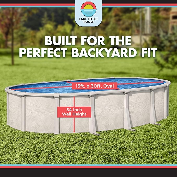 Lake Effect Pools 'Forever' 15 ft x 30 ft Oval Above Ground Swimming Pool | 54 Inch Steel Side Walls | Kit Includes: 25 Gauge Overlap Liner & Widemouth Skimmer