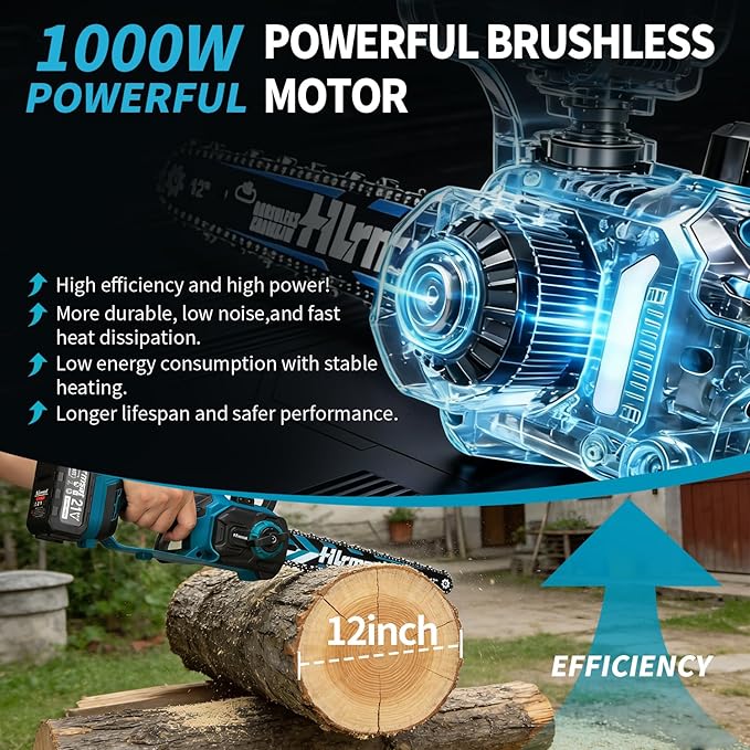 12" Electric Cordless Chainsaw,21V Brushless Battery Chain Saw with 2 x 4.0Ah Battery,Powered Handheld Chainsaw with 2 x Chain Guide,Electric Motosierra for Wood Cutting Tree Pruning,Yard Work