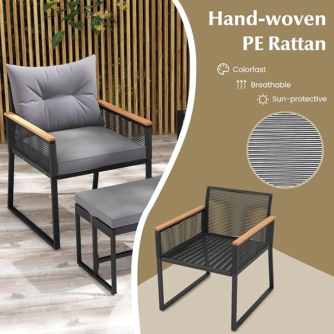 HAPPYGRILL 5 Piece Patio Conversation Set PE Rattan Wicker Chairs with 2 Ottomans, Soft Cushions and 2 Tier Coffee Table, Outdoor Furniture Set for Backyard, Garden and Poolside