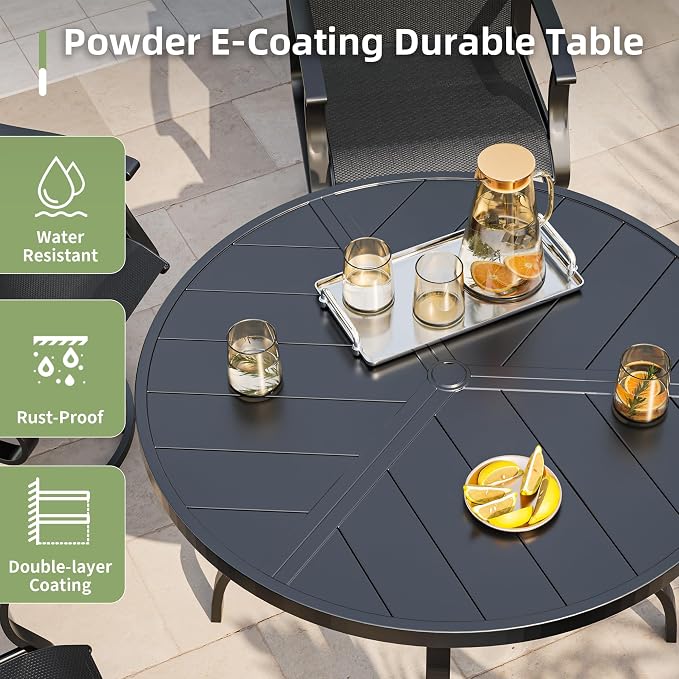 Amopatio 5 Pieces Patio Dining Set for 4, Outdoor Table and Chairs, 4 All Weather Swivel Patio Chairs, 39" Patio Spliced Round Table with Umbrella Hole, for Deck, Backyard, Poolside & Garden, Black