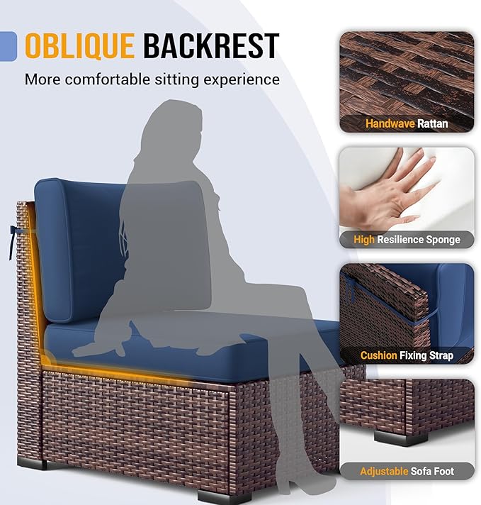 Outdoor Patio Furniture Set with 44" Fire Pit Table 8 Pieces Rattan Patio Sectional Sofa Conversation Set w/55000 BTU Propane Gas Fire Pit, Coffee Table, 2 Waterproof Covers, Blue