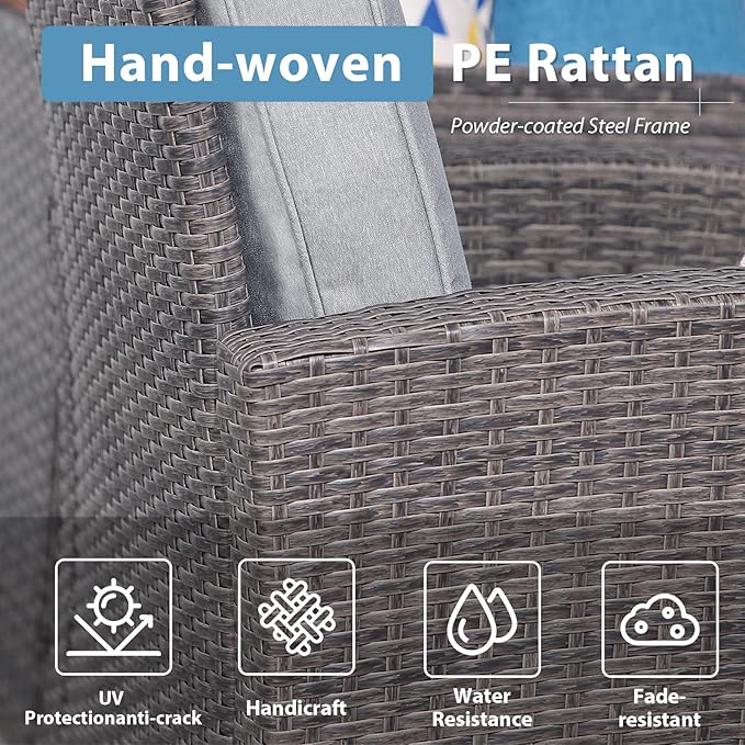 JOIVI Patio Furniture Set, 4 Piece Outdoor Patio Conversation Set, All-Weather PE Rattan Wicker Sectional Patio Sofa Set with Tempered Glass Coffee Table, Light Gray