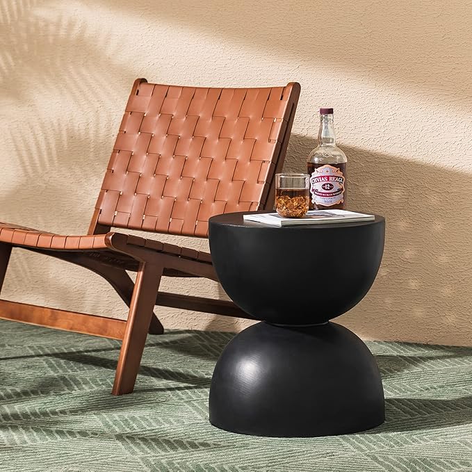 Glitzhome Outdoor Side Table, Round Small End Table with Terrazzo Finish MGO Hourglass Garden Stool, Set of 2 Lightweight Decorative Accent Table for Living Room Planter Stand Patio Pool Porch, Black