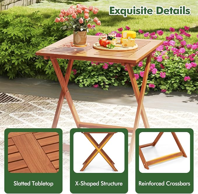 Byroce Outdoor Patio Table, 29.5” x 29.5” Folding Bistro Table with Slatted Tabletop & 2” Umbrella Hole, Solid Wood Outdoor Dining Table, Portable for Backyard, Poolside & Balcony (1, Square)