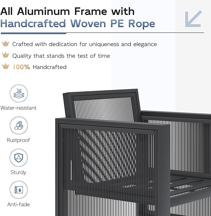 UDPATIO Aluminum Patio Furniture Set with Coffee Table, 4 Piece Modern Aluminum Outdoor Furniture, Patio Conversation Sets with Thickend Cushions and PE Rope, for Garden, Porch, Balcony, Black Grey