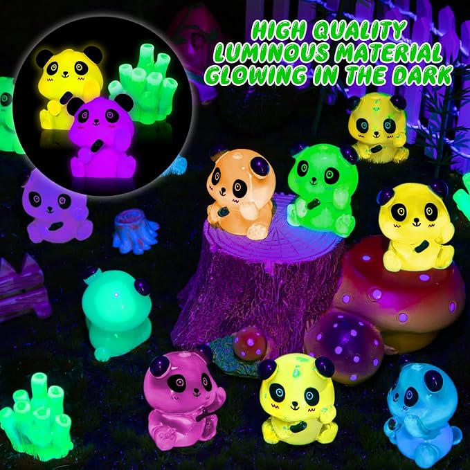 18PCS Luminous Mini Resin Panda Figurines with 2 Bamboos for Dollhouse | Cute Panda Figurines Miniature, Glow in The Dark Mini Panda Bamboo Bulk, Cake Topper, Micro Landscape, Garden DIY