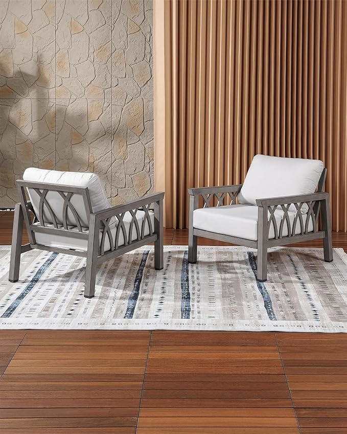 Outdoor Aluminum Armchairs Set of 2, Patio Sofa Chairs with Cushions, Deep Seating Outdoor Patio Club Chairs, Weather-Resistant Patio Furniture Set for Garden, Balcony, Limed Oak