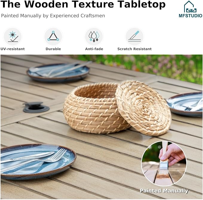 MFSTUDIO Outdoor Dining Sets for 6, Patio Metal Table and Chairs Set, 7 Pieces All Weather Patio Wicker Dining Furniture, Outdoor Rectangular Wood-Like Table for 6, Backyard