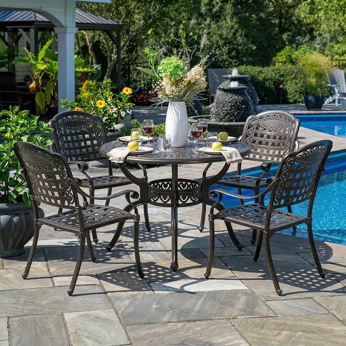 5-Piece Outdoor Patio Dining Set, All-Weather Cast Aluminum Furniture Conversation Set, Include 4 Chairs and a 38.5” Round Table with Umbrella Hole for Balcony, Lawn, Garden