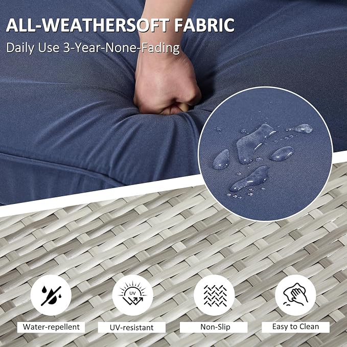 ANJ 5 Piece Outdoor Wicker Patio Furniture Set, Modular Loveseat Sofa with with Glass Top Coffee Table, All-Weather Rattan Conversation Couch Set for Balcony, Backyard, Light Grey Wicker-Blue