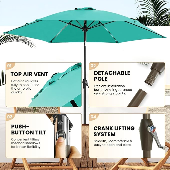 Ayge 7.5FT Large Outdoor Patio Umbrella Market Table Umbrella-UV Resistant, Easy Push Button Tilt and Crank, 6 Sturdy Fiberglass Ribs Heavy-Duty Pool Umbrella for Deck, Backyard,Garden, Yard,Turquoise
