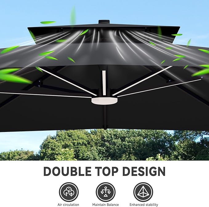 10x13 FT Cantilever Patio Umbrella with Led Lights Double Top Outdoor Rectangular Large Heavy Duty Aluminum Offset Umbrellas with 7 Level Tilt 360-degree Rotation for Pool Garden Deck, Grey