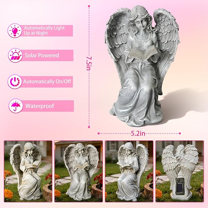 Solar Garden Outdoor Angel Book Statues,Book Lovers Gifts for Balcony Patio Lawn Table Yard Ornaments, Solar Resin Fairy Waterproof LED Lights,Mother's Day,Birthday Gifts for Women Mom Grandma