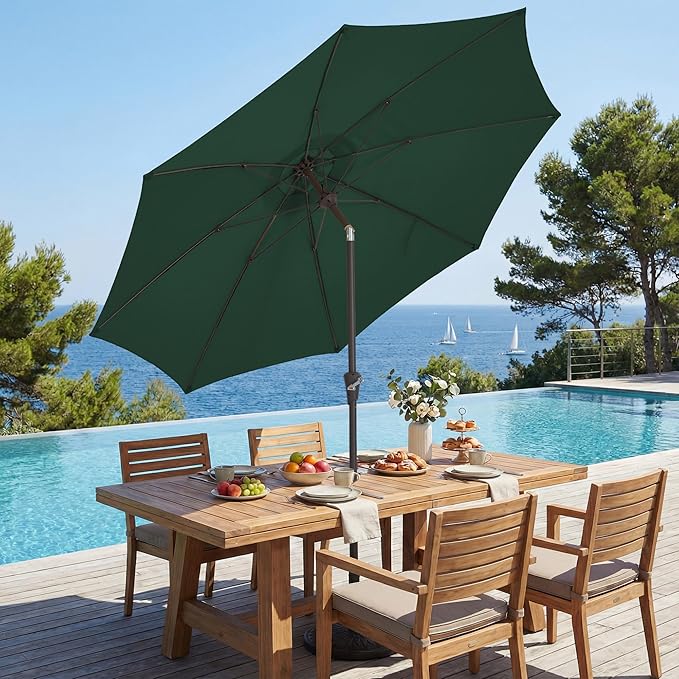 JEAREY 9FT Outdoor Patio Umbrella,Market Table Umbrella with 8 Fiberglass Ribs, Pool Umbrella with Tilt and Crank, UV Protection Lightweight & Wind-Resistant for Lawn, Garden, Deck and Backyard, Dark Green
