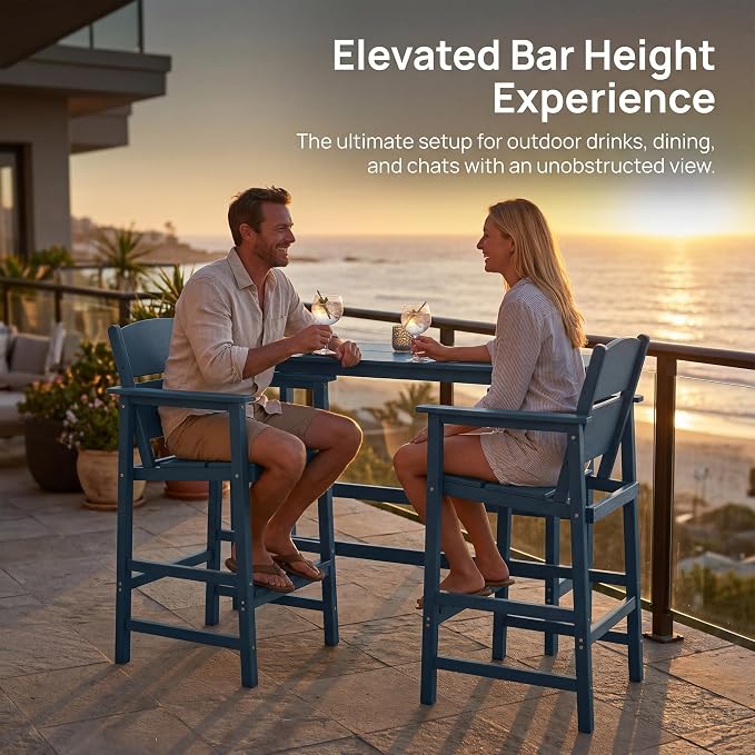 HDPE Outdoor Bar Height Chairs Set of 6, 28.5" Seat All-Weather High Top Patio Stools with Backrest, Heavy Duty Commercial Grade Deck Seating for Backyard Party/Pool/Balcony, Wood Texture Blue