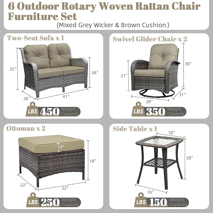 Patio Furniture Conversation Set with Ottomans, 6 Piece Wicker Patio Swivel Rocking Chairs with 360° Swivel Glider and Glass Coffee Table for Porch, Deck, Garden,Beige