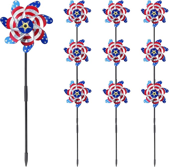BATTIFE Preassembled Reflective Pinwheels for Yard, American Flag, 10 Pack | Sparkly Reflective Material Spinner, Spins Best in Steady Wind, Animal-Deterrent Results Vary by Placement and Conditions