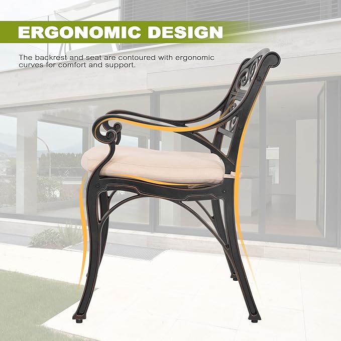 NUU GARDEN 5 Piece Cast Aluminum Outdoor Patio Dining Set, Round Patio Dining Table with 2.24" Umbrella Hole and 4 Patio Dining Chairs with Cushions for Garden, Balcony, Bronze and Beige