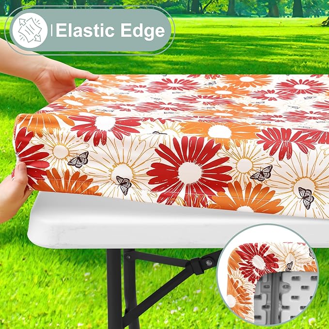 misaya Picnic Table Cover with Bench Cover, Waterproof Elastic Fitted Tablecloth for 6 Foot Tables, Rectangle Washable Polyester Fabric Tablecloths for Picnic, Camping, Outdoor (Red Daisy, 30" x 72")