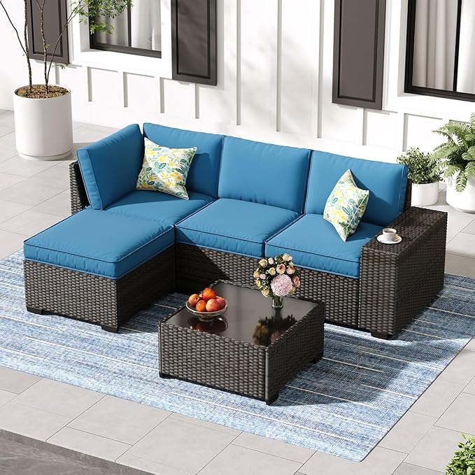 5 Pieces Outdoor Patio Furniture Set, Wicker Conversation Sets with Tea Table, Rattan Patio Sofa with Thick Cushions for Garden, Backyard, Poolside, Party, Peacock