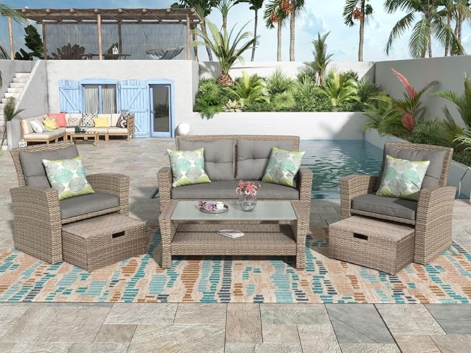Outdoor Patio Furniture Boho, Outdoor Patio Chairs Modern Gray Patio Conversation Sets 4 Chairs Rattan with Ottoman and Cushions