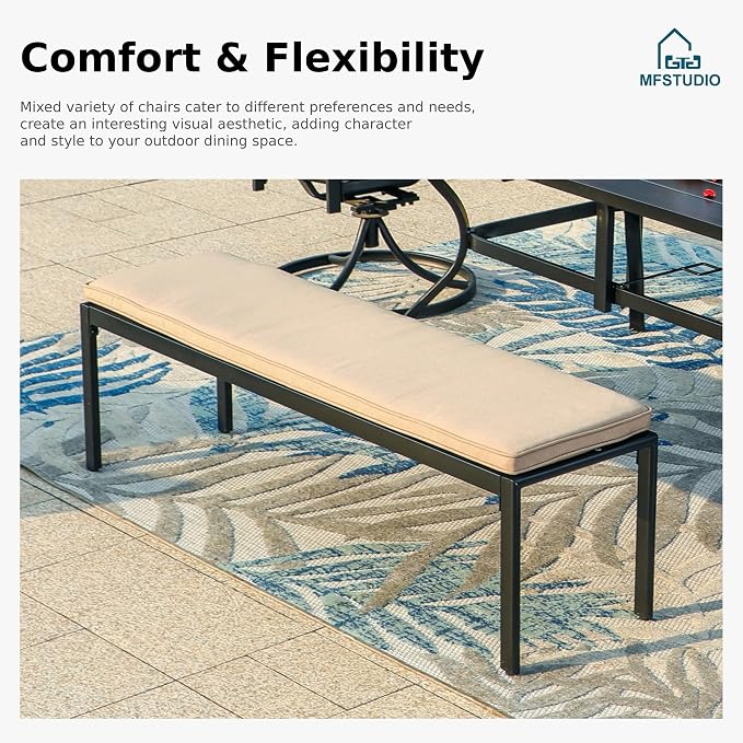 MFSTUDIO Outdoor Dining Set with Bench, Patio Table and Chairs Set for 6 with Umbrella Hole, Deck Garden Table Chair and Bench Set