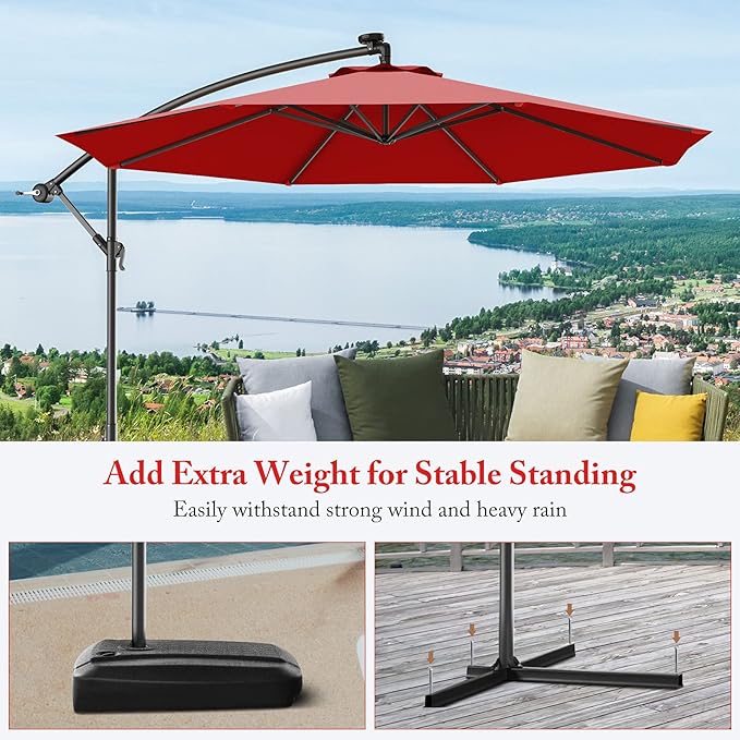Giantex 10ft Offset Patio Umbrella, Burgundy, Outdoor Hanging Market Umbrella with Crank & Cross Base, Easy Tilt Adjustment, 96% Sunlight Protection