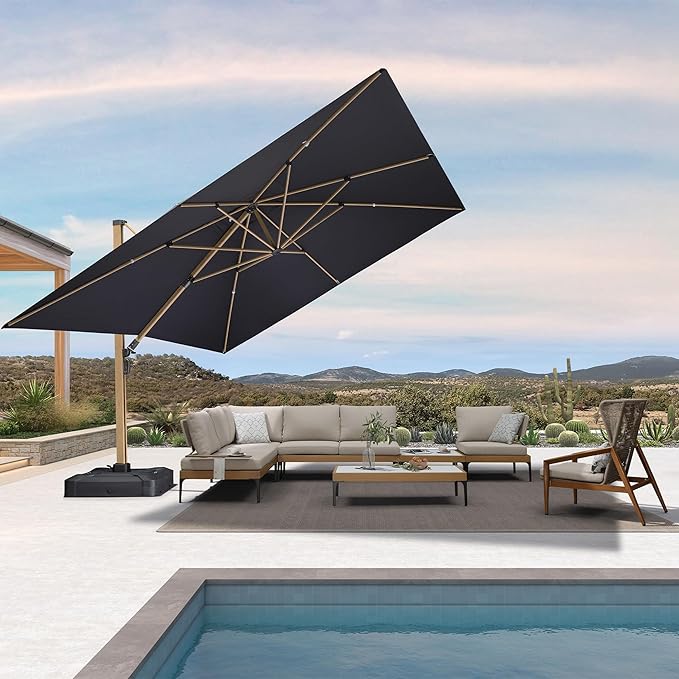 PURPLE LEAF 12FT Patio Umbrella With Base Square Cantilever Umbrella Teak Finished Aluminum Frame Large Windproof Offset Outdoor Sun Umbrellas for Beach Pool Deck, Grey