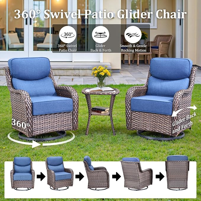 Luxury Outdoor Swivel Rocker Patio Chairs Set of 3, High Back Swivel Patio Chairs with Side Table & 6-Inch Thick Cushions, Wicker Outdoor Bistro Set for Porch, Yard, Deck, Poolside, Brown/Blue