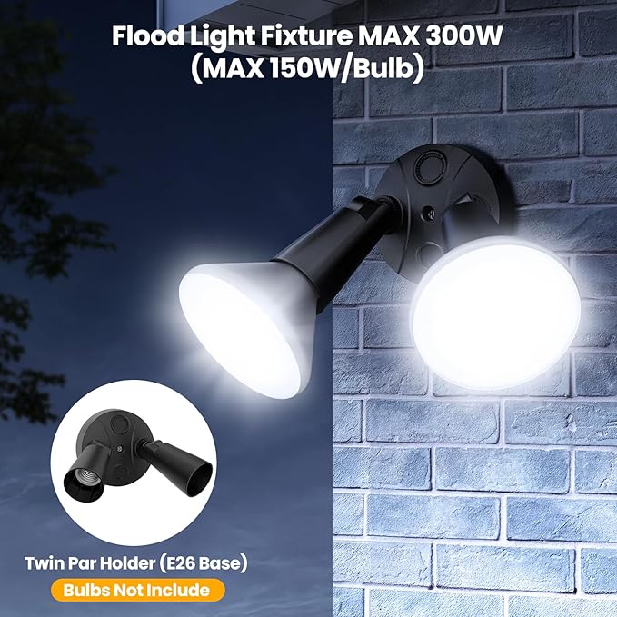 Onforu 2-Pack Adjustable Twin PAR Holder, Outdoor Flood Light Fixture Max 300W (Bulbs Not Included), Switch Controlled Security Lights, Exterior Flood Lighting for Garage, Driveway, Porch