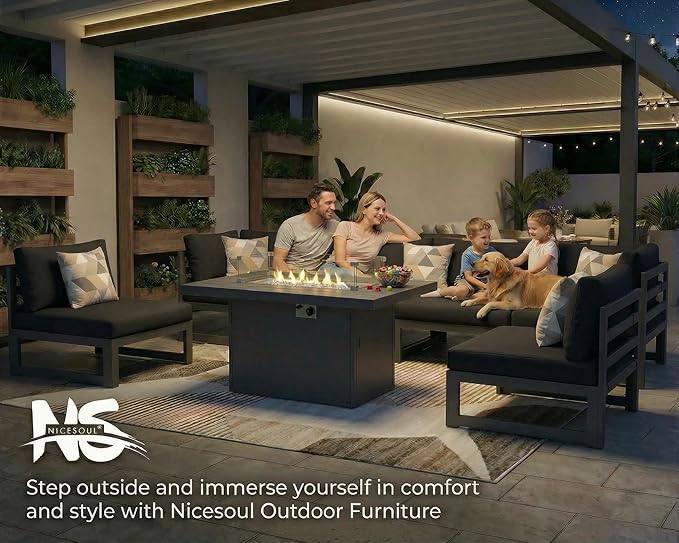 NICESOUL 7 Pcs Aluminum Black Outdoor Sectional with Firepit, All Weather Patio Furniture Set with Deep Seat, Contemporary L-Shaped Modular Large Conversation Set for Garden Poolside, Seats 6, Black