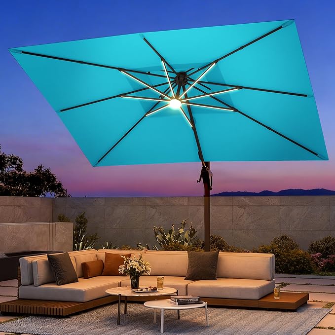 9 X 12 FT Cantilever Patio Umbrella with Led Lights Heavy Duty Outdoor Double Top Large Rectangle Offset Umbrellas with 360-degree Rotation for Garden Pool Deck Backyard, Turquoise