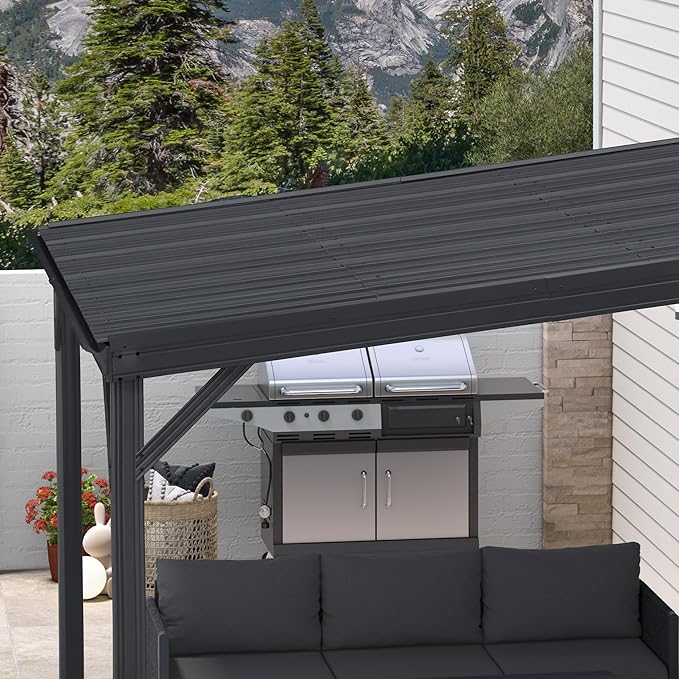 PURPLE LEAF 10' x 10' Wall Mounted Pergola with Metal Roof Backyard Entertainment Shelter for Outdoor Dining Lounge Seating Family Gatherings and Vehicle Shade Area